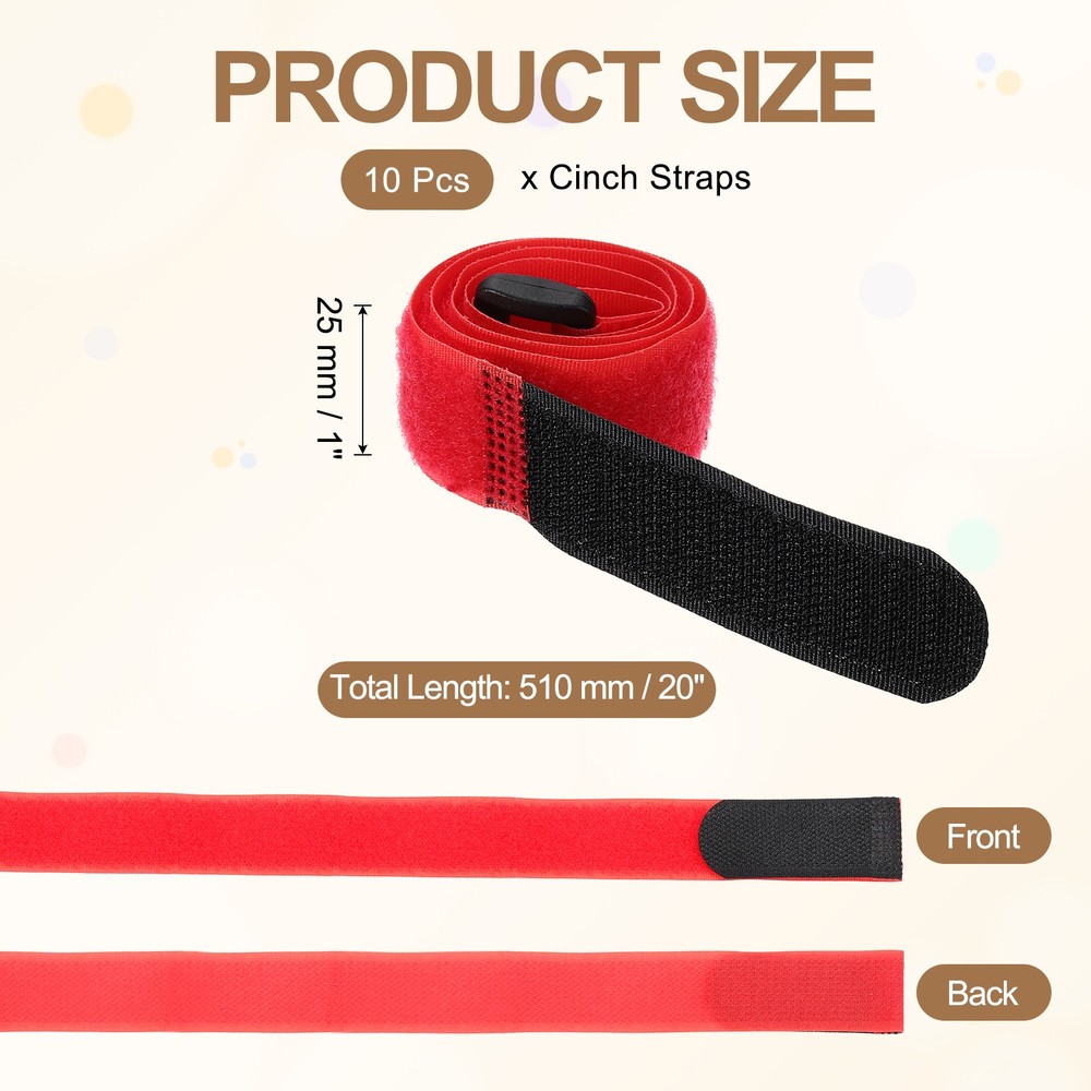 10pcs Reusable Cinch Straps 1"x20" Hook and Loop Cable Securing Straps, Red