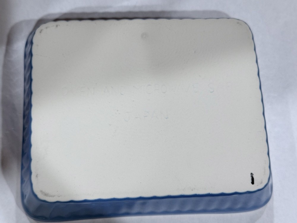 Vintage Blue Ribbed Rectangular Stoneware Baking Dish 7.5" Japan