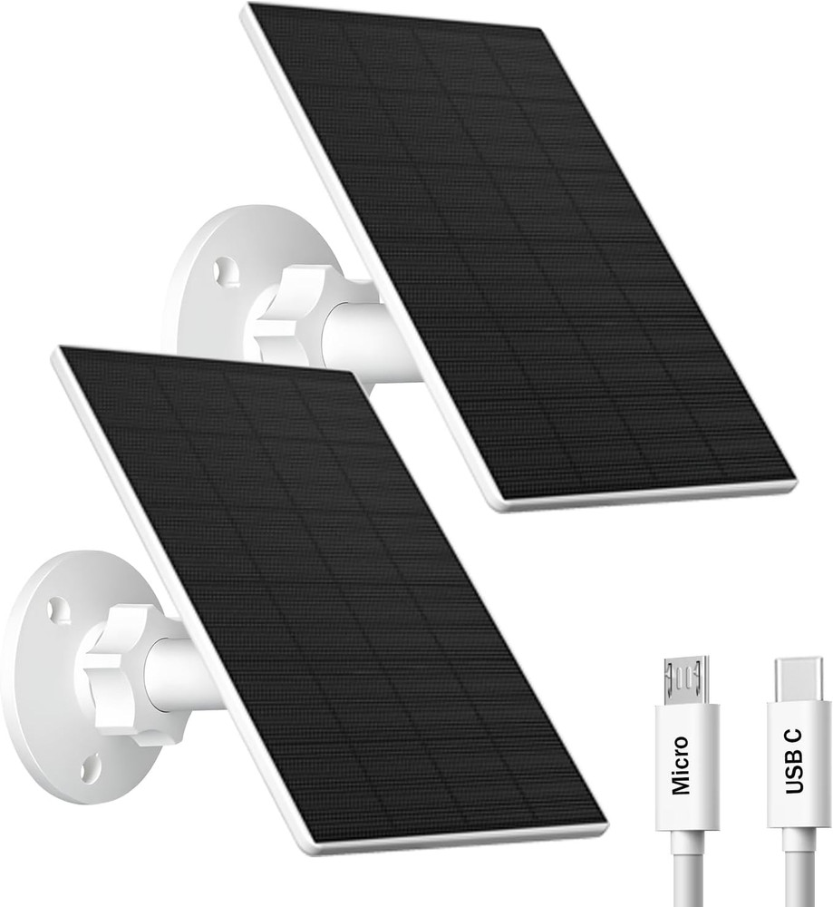 Solar Panel for Security Camera, 2 Pack 2W Solar Charger with Micro USB & USB-C