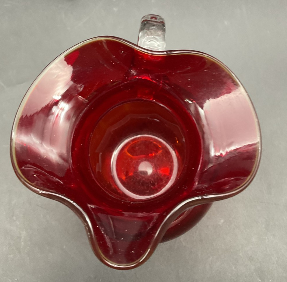 MCM Handblown Ruby Red Ruffled Clear Glass Handle Pitcher 5"
