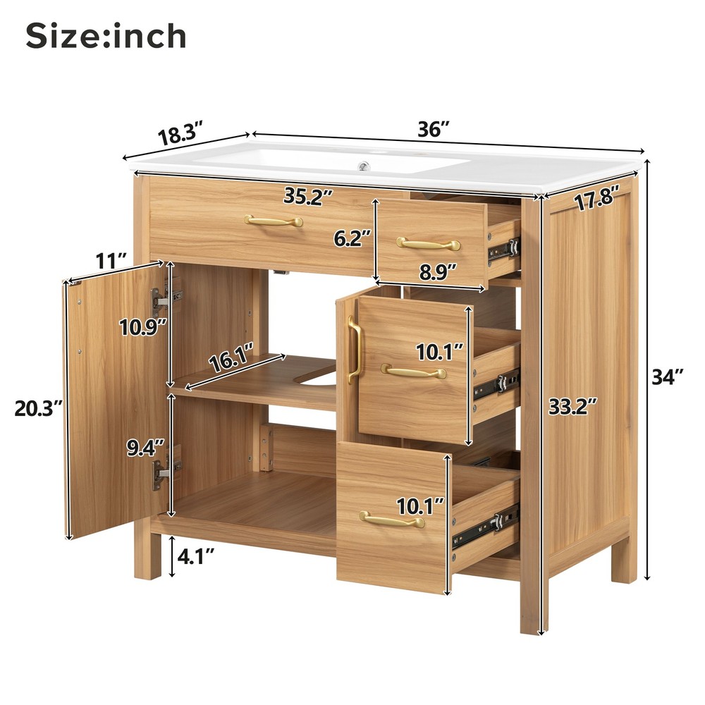 36" Wood Bathroom Vanity with Solid Wood Frame, 2 Soft Close Doors, 3 Soft Clo