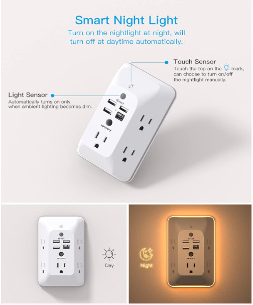 Outlet Extender with Night Light, Multi Plug Outlet, USB Wall Charger Surge Prot