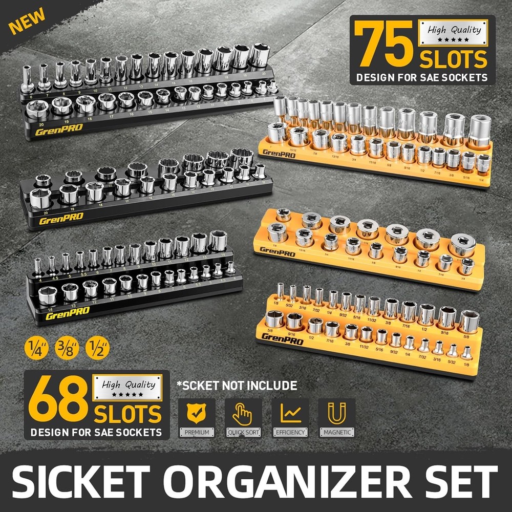 Socket Organizer for Tool Box Drawer, 6pc 143 Metric & SAE Magnetic Socket Holde