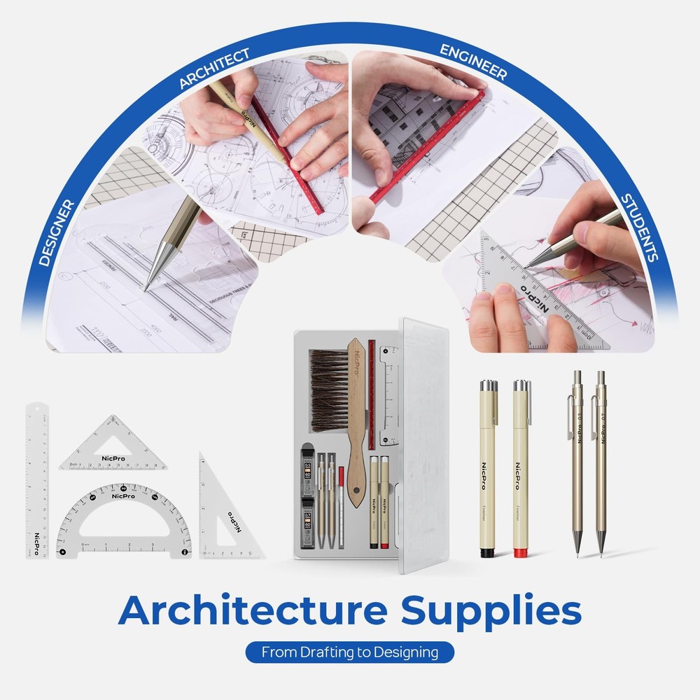 Nicpro 21PCS Professional Drafting Tools & Geometry Set with 21 PCS, Silverr
