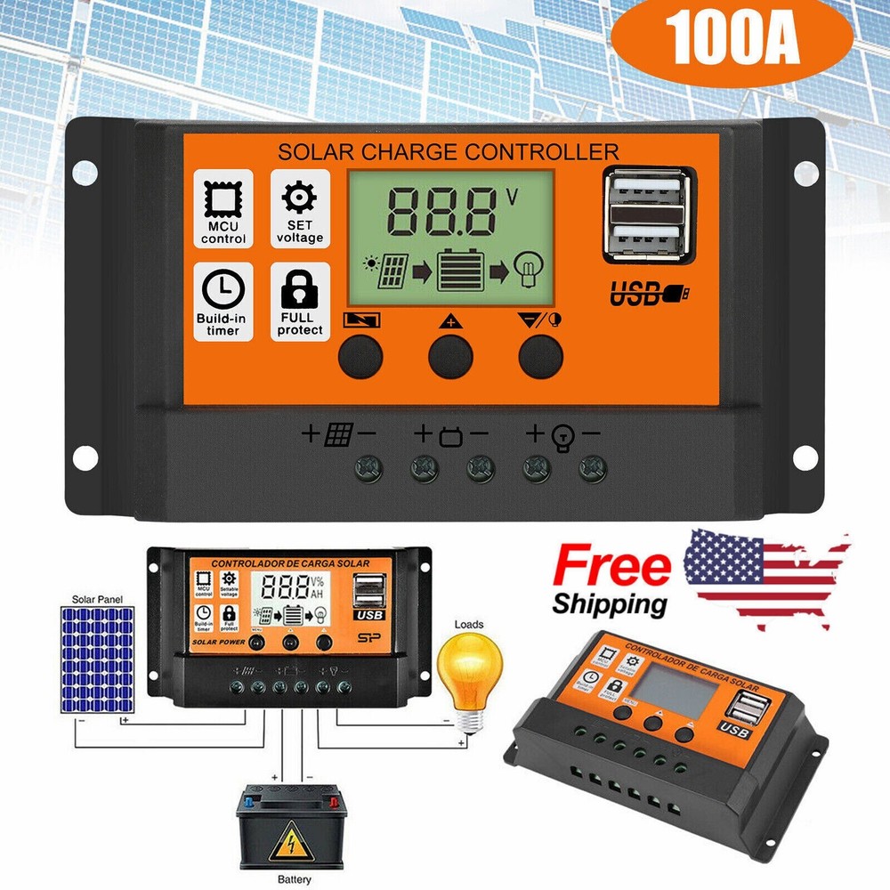100A Solar Panel Battery Charge Controller 12V/24V LCD Regulator Auto Dual USB