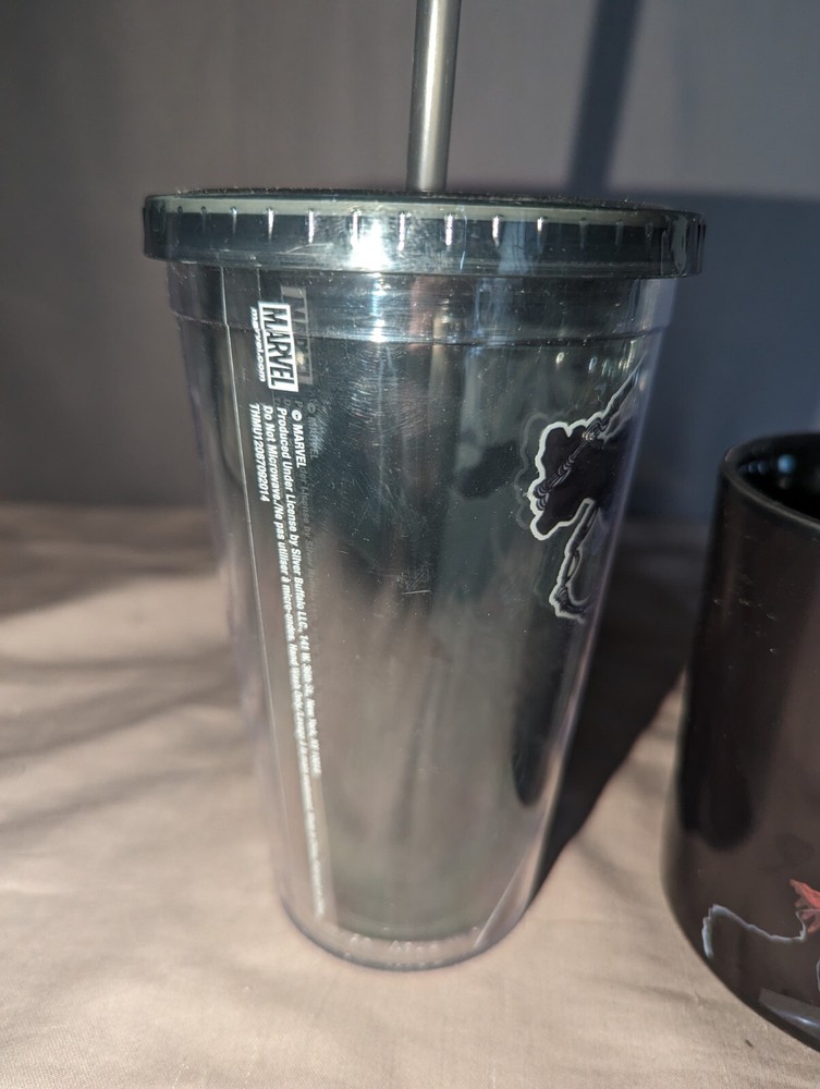 Marvel Comics Venom Lot Plastic Cold Screw on Lidded Cup & Straw And Coffee Cup