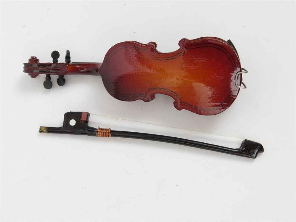 Miniature Carved Wood w/ String Violin & Bow String Instrument in Case 4.5"
