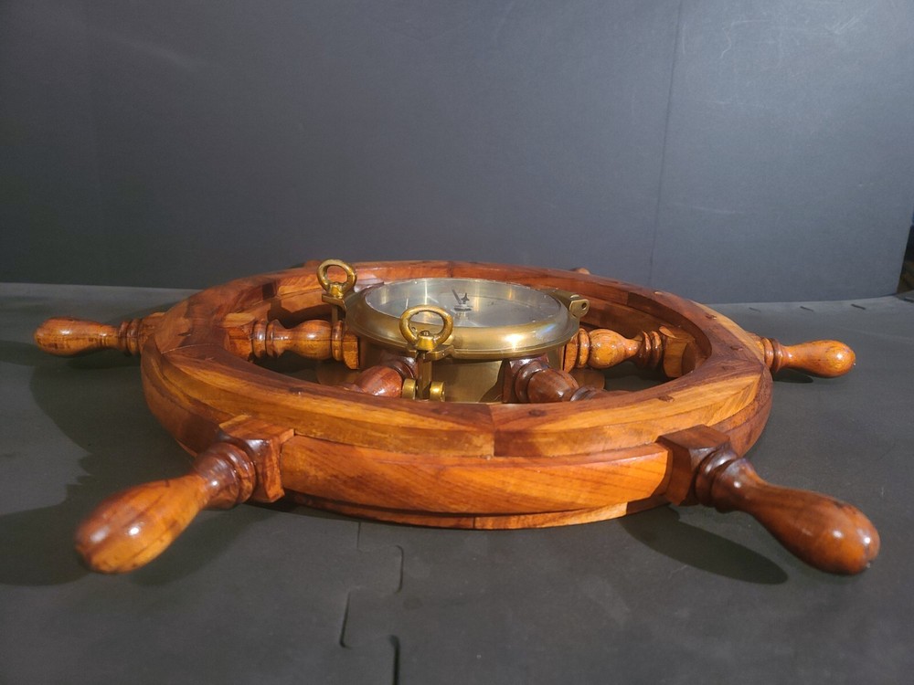 Wood Ships Wheel With Solid Brass Porthole Ships Time Quartz Clock, 24" Diameter