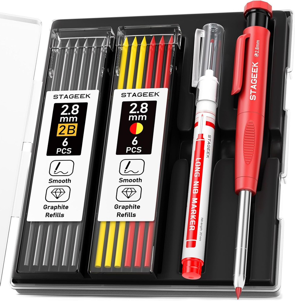 Carpenter Pencils Set with Sharpener, Heavy Duty Woodworking Tools with 13 Refil