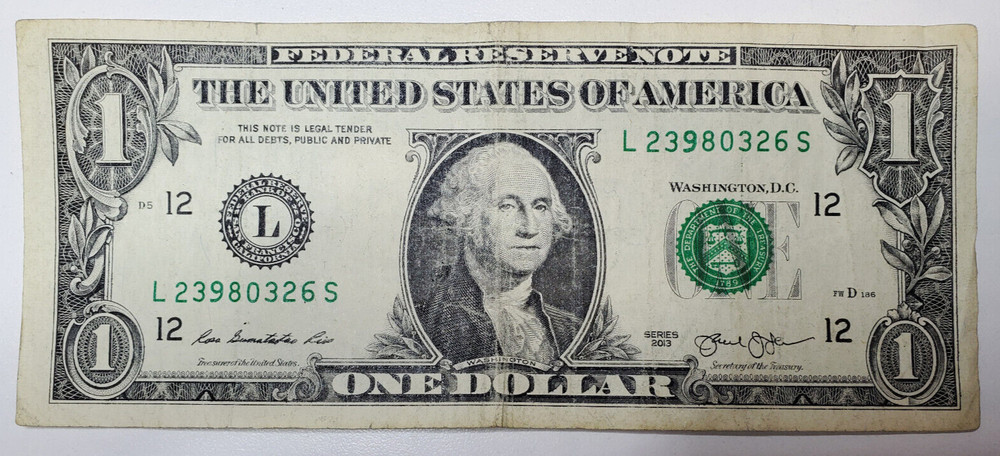 2013 One Dollar Note Over Inked Serial Number, "9"