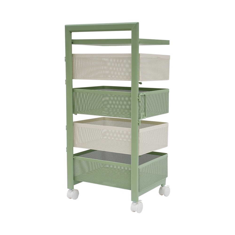 Rotating Storage Rack with Wheels, 4 Baskets, Green Modern Design