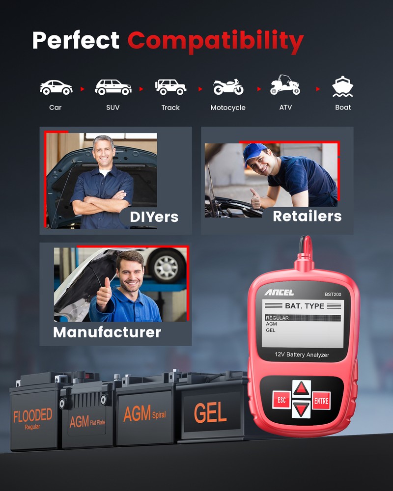 ANCEL BST200 12V Car Battery Tester Load Charging Cranking Test Digital Analyzer