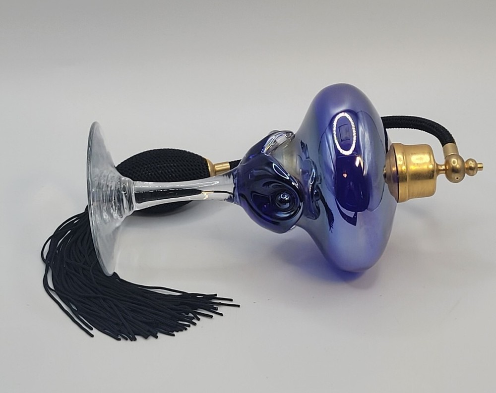 Handblown Iridescent Blue Glass Footed Perfume Atomizer • Refillable • 7"H