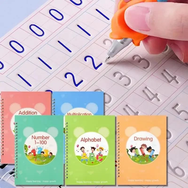 AALGO Magic Grooved Practice Copybook 5 Pack with Pens, Reusable Blue