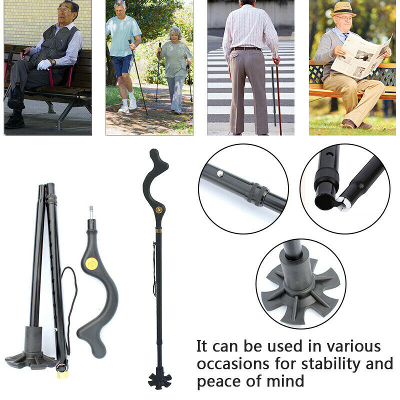 Folding Walking Stick Elder Posture Straight Cane Retractable Adjustable Height