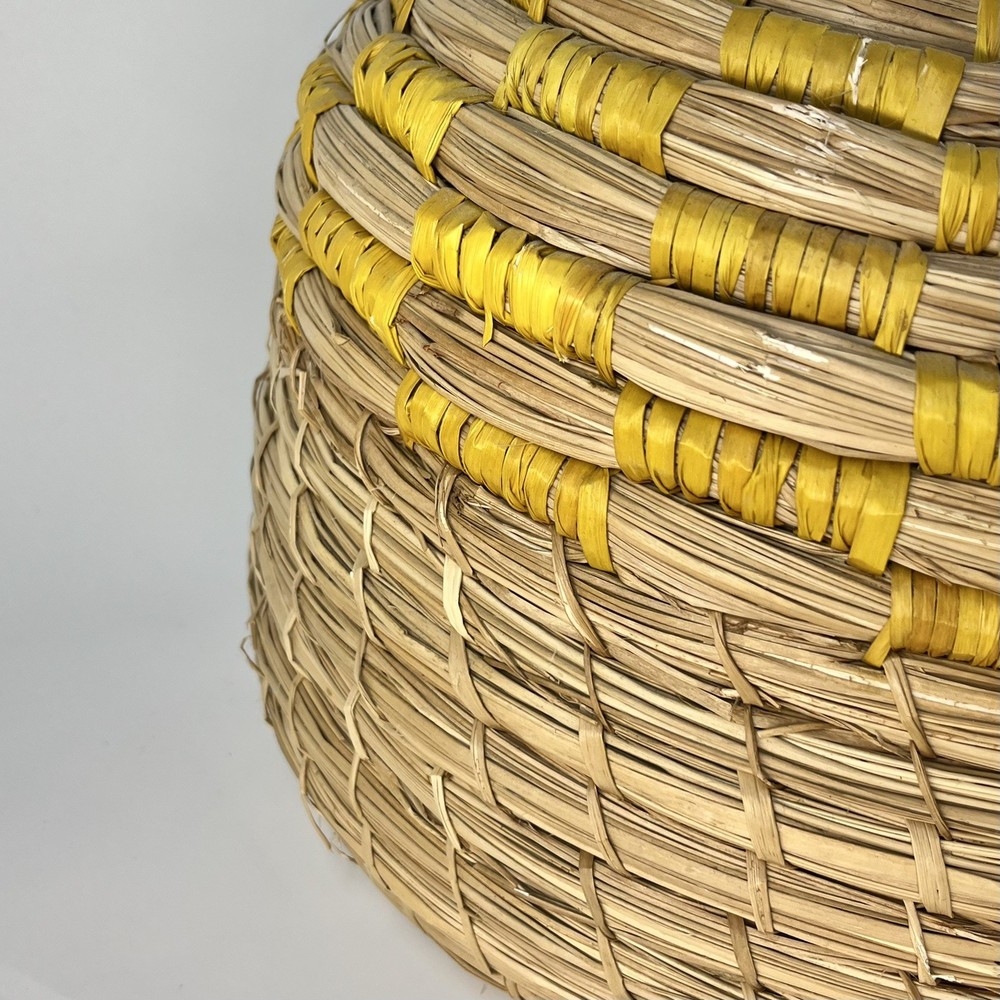 Wicker Coiled Bottleneck Vase 14.5” Floor Tabletop Boho Decor Yellow Stripe