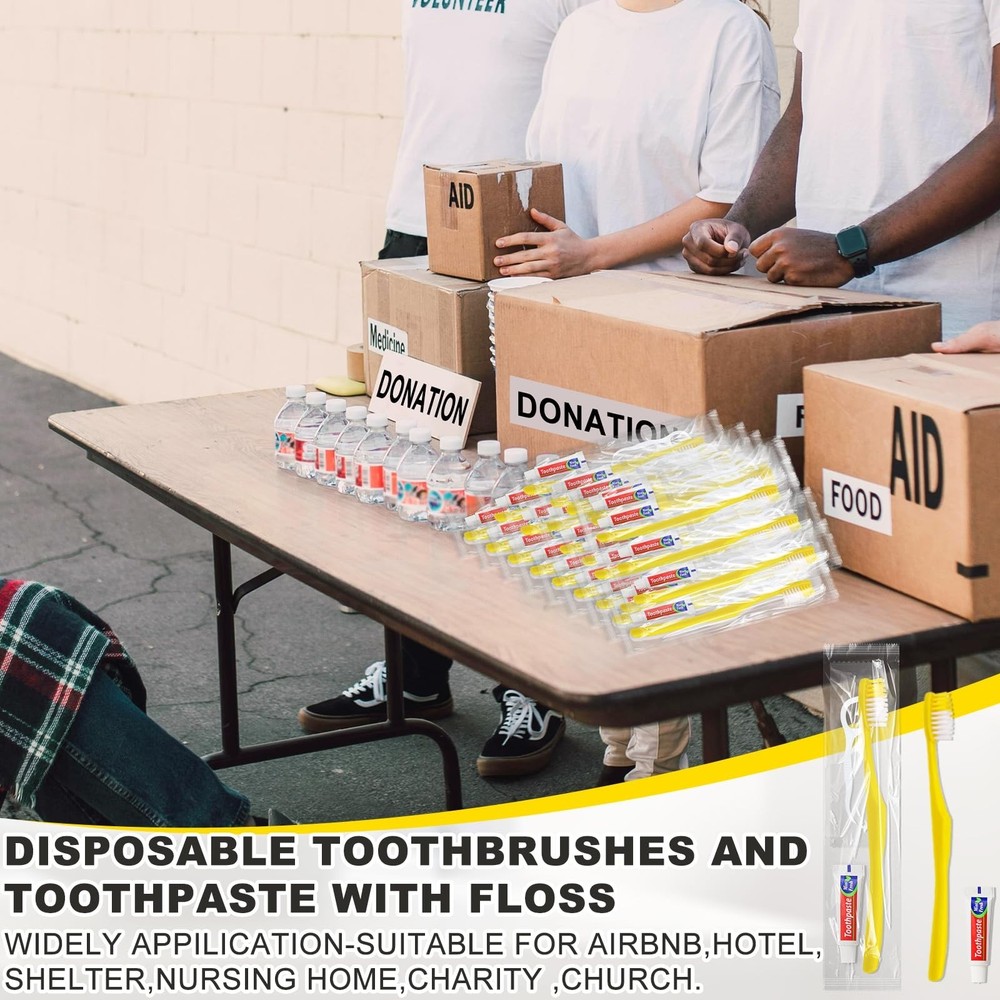 100pcs Disposable Toothbrushes with Toothpaste and Floss,Yellow Bulk Single U...