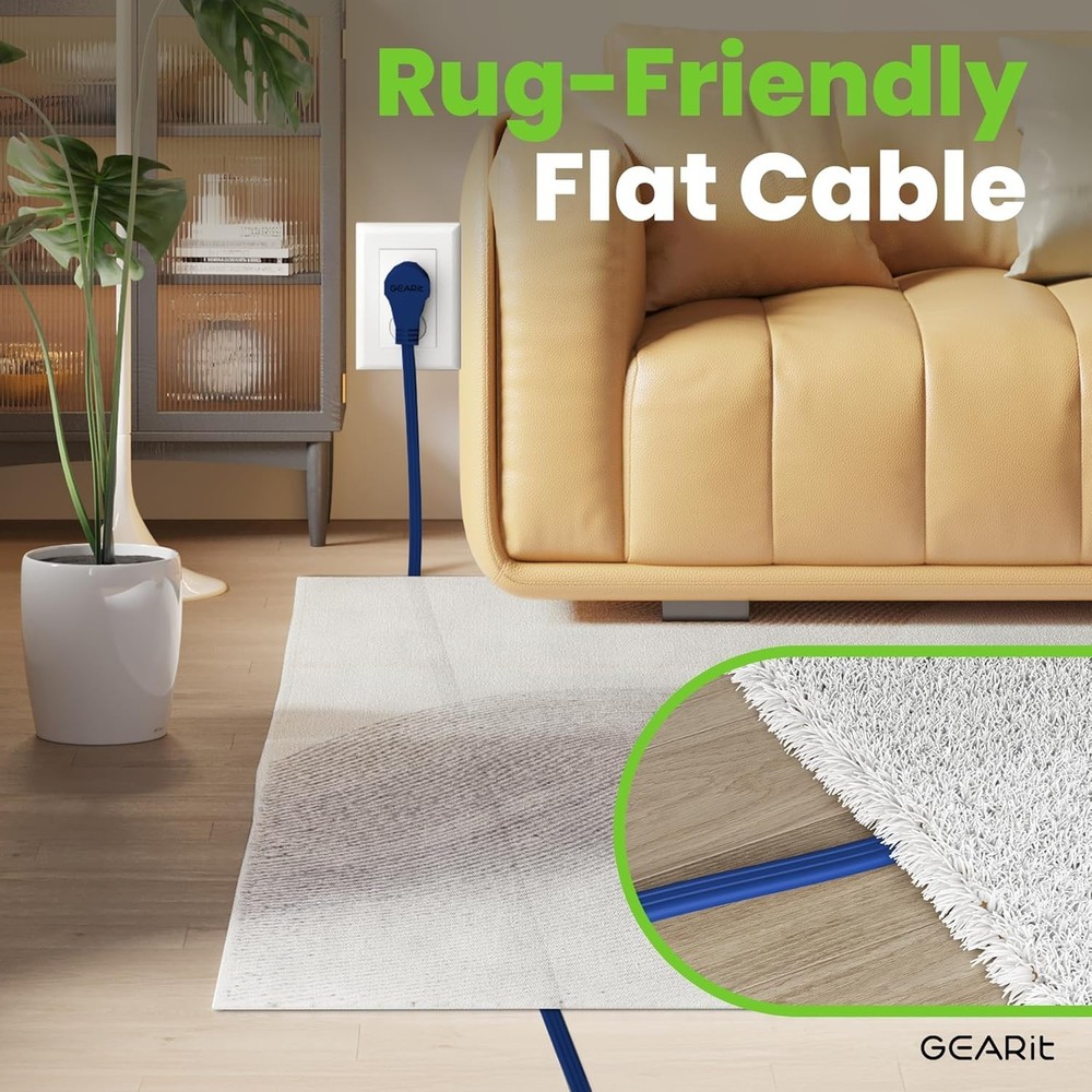 360° Rotating Flat Plug Extension Cord - 3 Outlets, 15ft Navy, Certified
