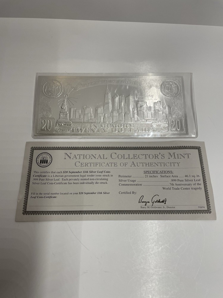 $20 September 11th Silver Leaf Coin-Certificate With COA