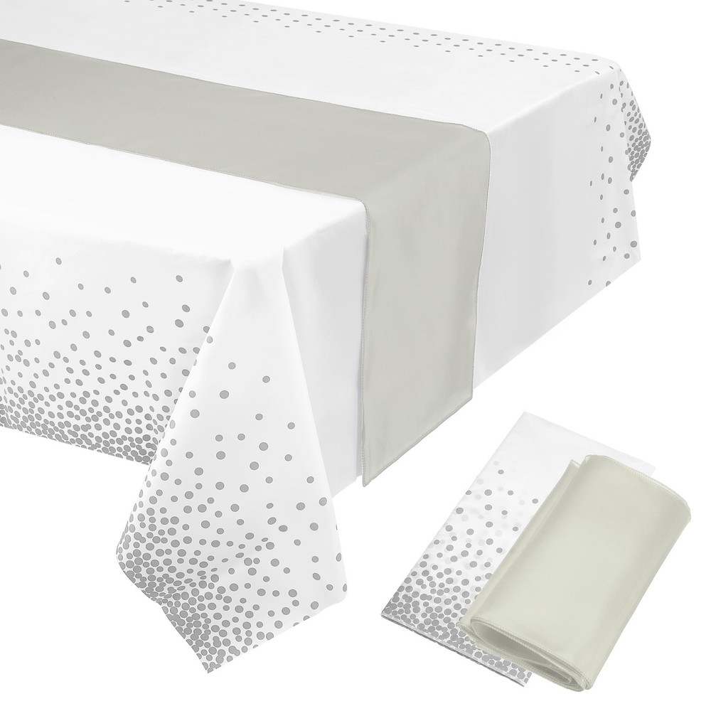 Silver Table Runner w White Plastic Tablecloth 54x108" Silver Dots 1Set