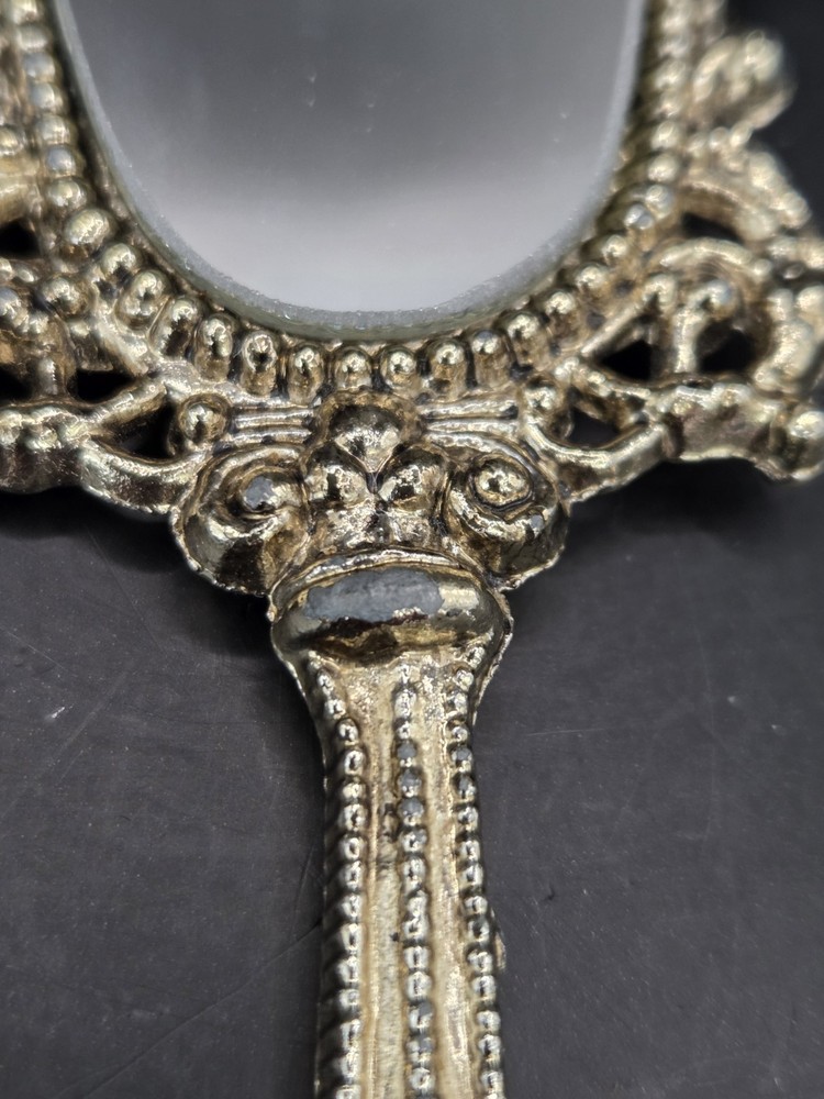 Antique Ornate Ormolu Mini Handheld Mirror Goldtone Doll Sized