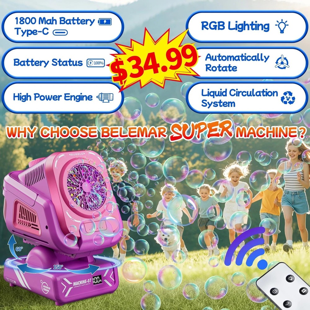 Bubble Machine with Remote Control, Automatic Rotation RGB Lights, 1800mAh