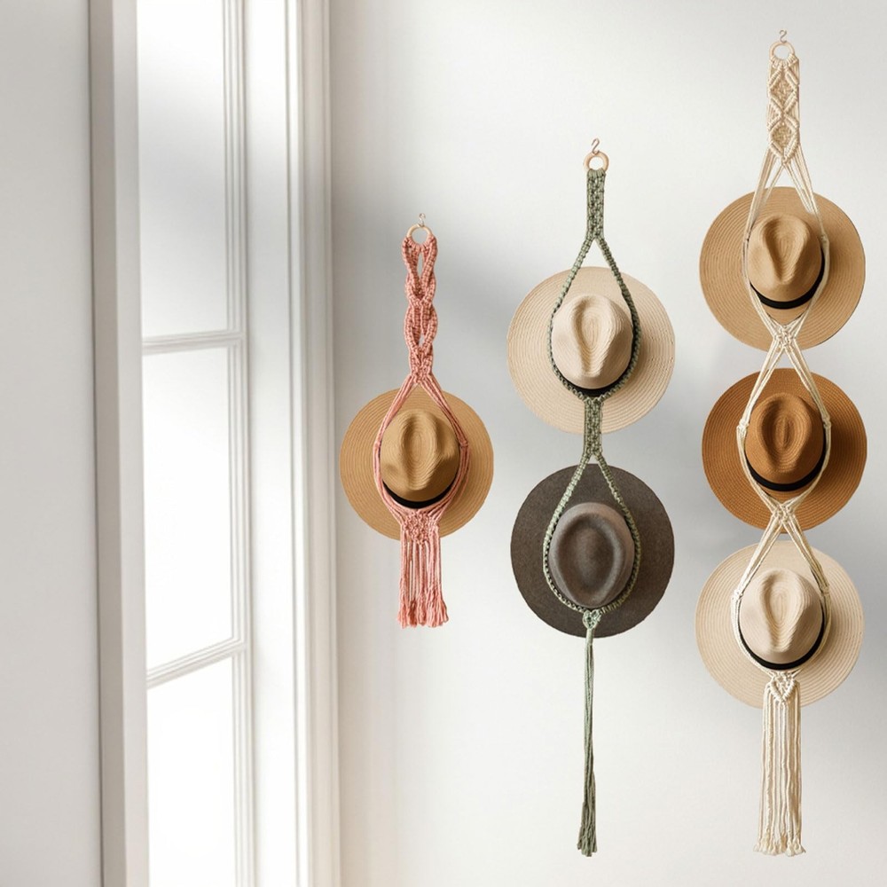 Boho Hat Organizer Rack, Macrame Hat Hanger, Handmade Hat Holder for Wall Han...