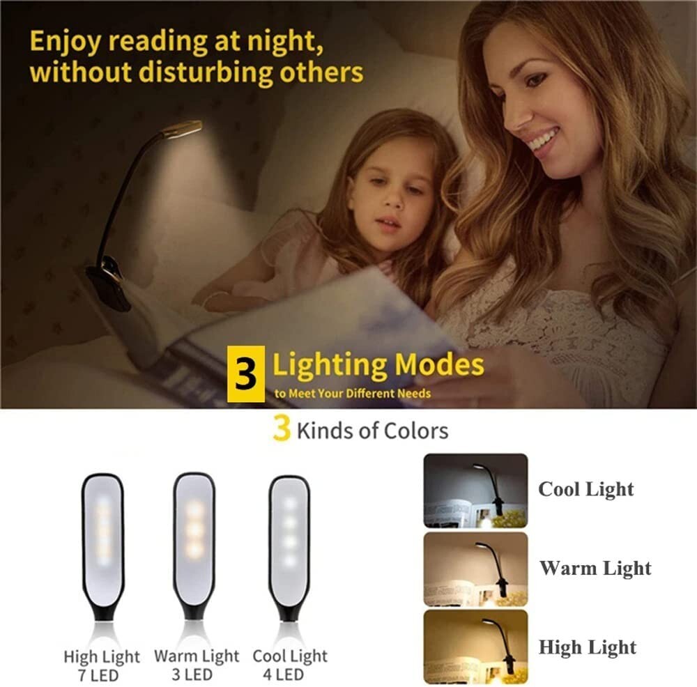 Flexible Rechargeable LED Book Light With 3 Light Modes Easy Clip Lamp
