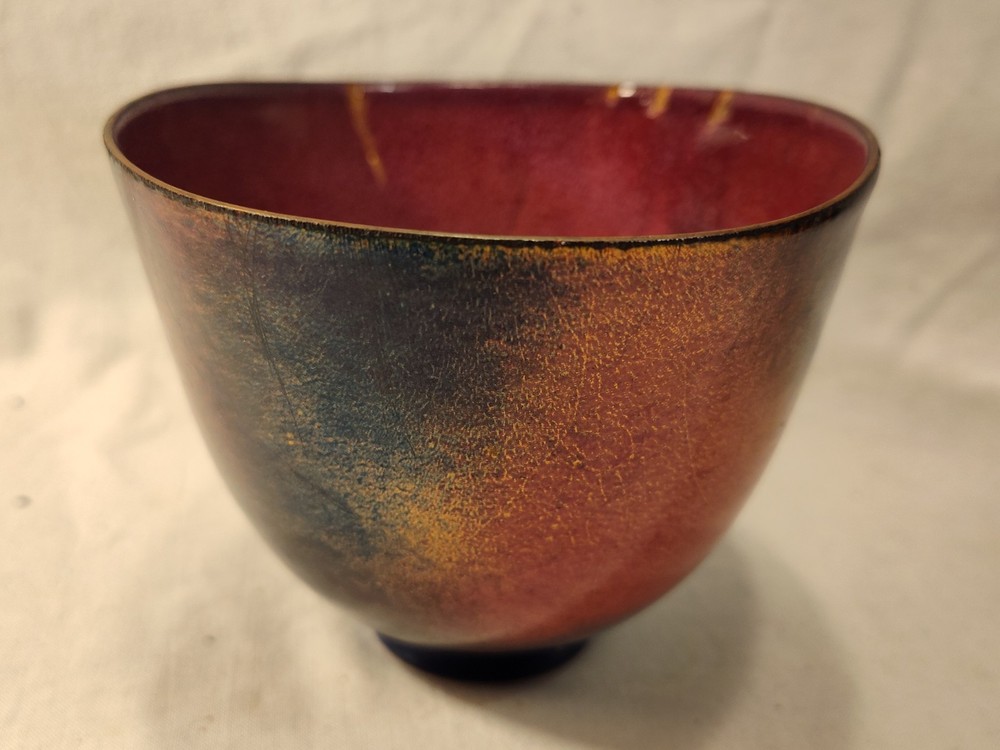 Vintage Brutalist Enamel On Copper Bowl Signed