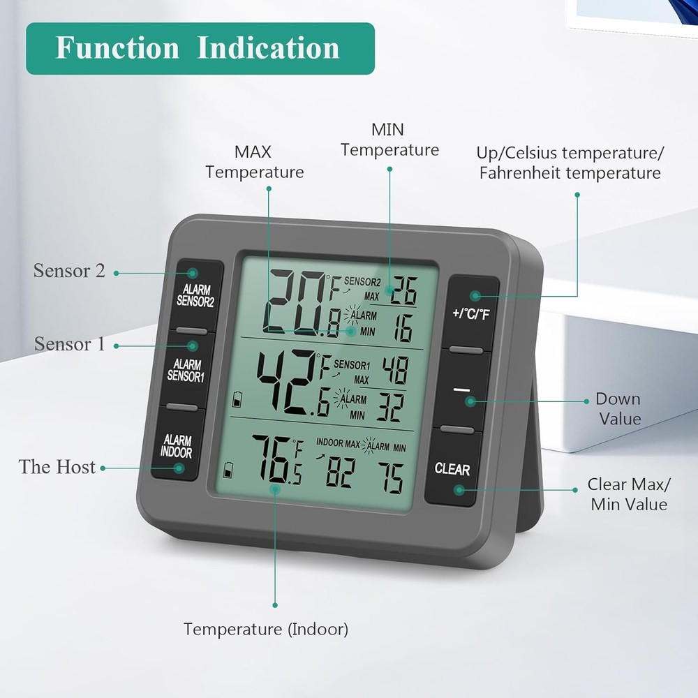 ORIA Refrigerator Thermometer, (New Version) Wireless Digital Freezer Grey
