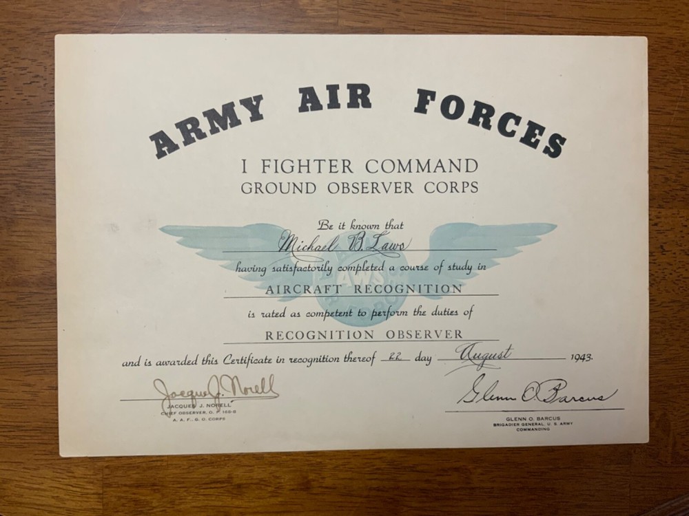 WWII AAF I Fighter Command Aircraft Warning Service Certificates Signed Generals