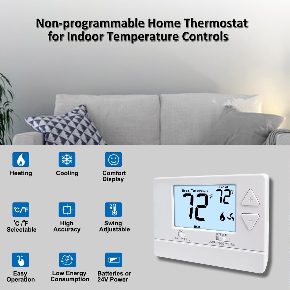 NonProgrammable Thermostat for Home,Single-Stage Systems,Digital Energy-Savin...