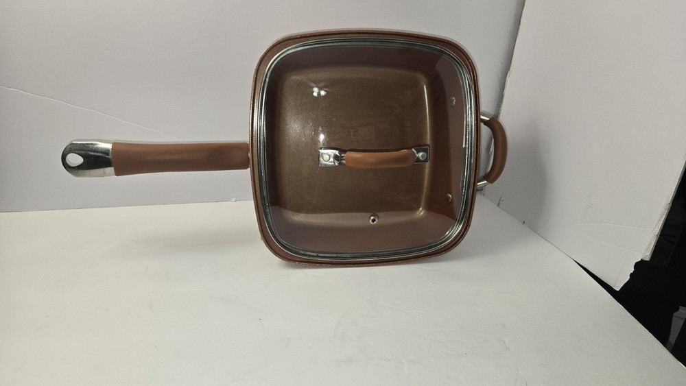 Copper Square Pan 9.5 Inch With Handle And Vent Lid Nonstick Multipurpose