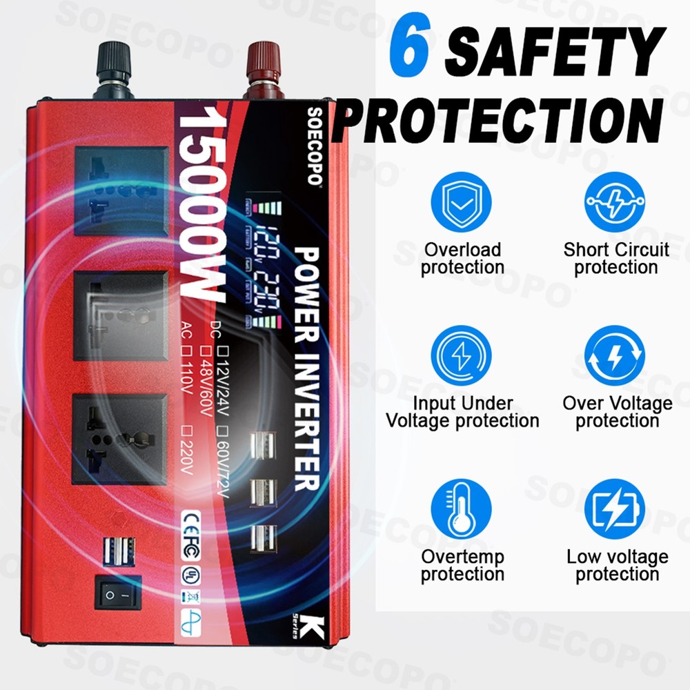 Pure Sine Wave Solar Converter 15000W Car Power Inverter DC 12-72V To AC 110VfC