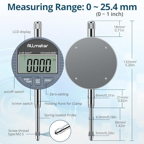 Digital Dial Indicator with Large LCD Display,0-1" (0-25.4mm) Range, 0.0005"