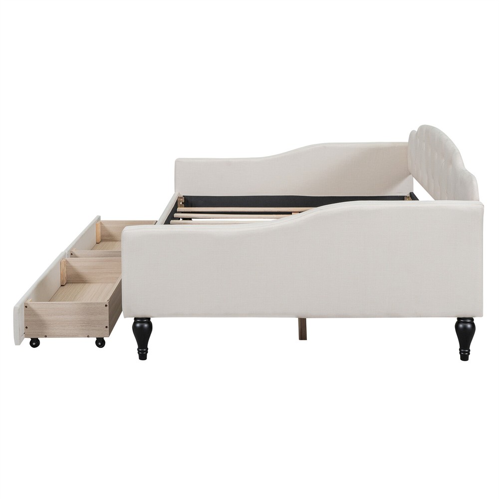 Full Size Daybed Upholstered Bed Frame Sofa Bed with 2 Storage Drawer Beige