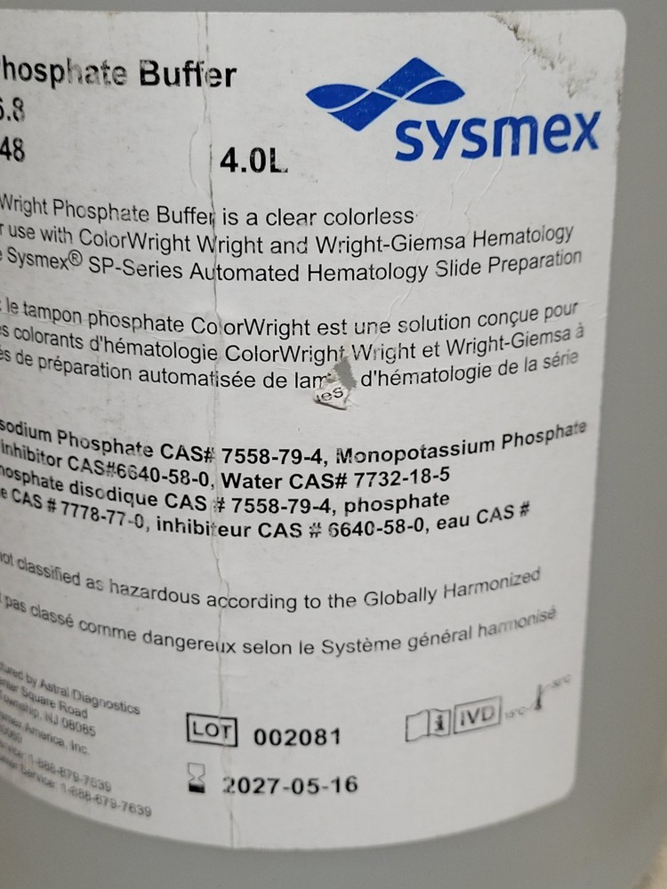 x3 Sysmex 4.0L ColorWright Phosphate Buffer Solution pH 6.8 Hematology 5/2027