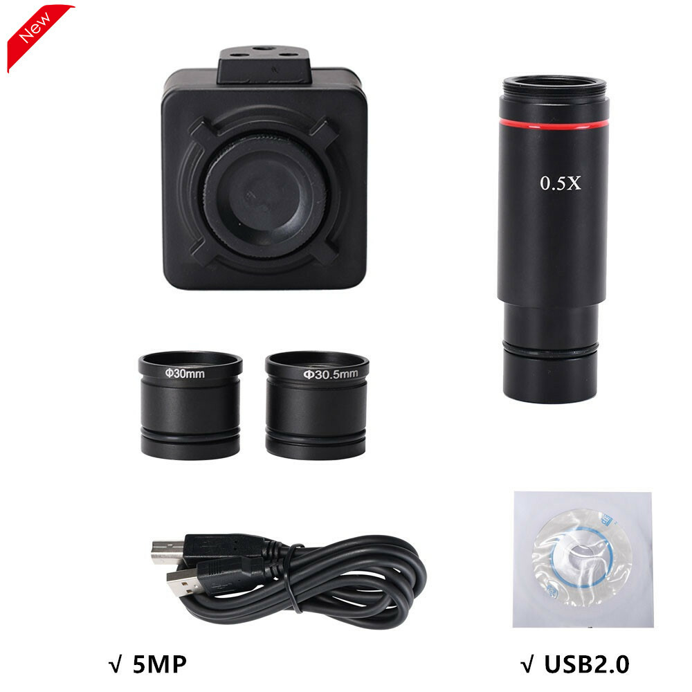 5MP USB Microscope Camera Digital Eyepiece Industrial Cam 0.5X Adapter Kit