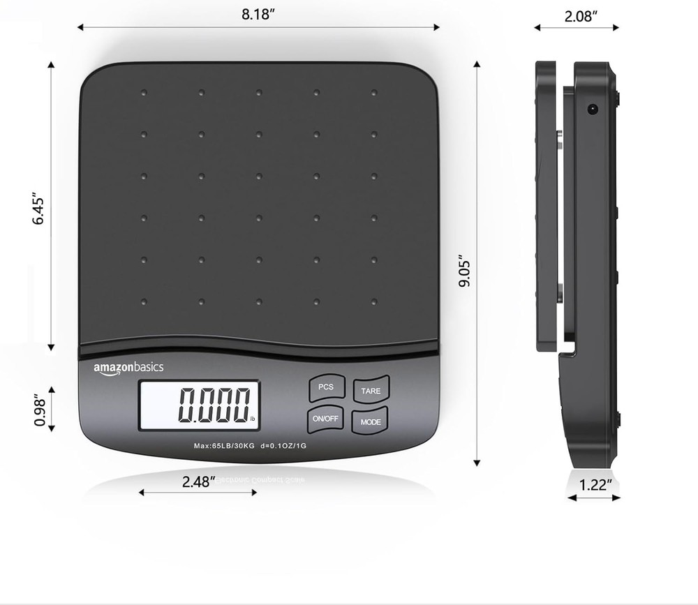 Amazon Basics Digital Postal Scale, AC Adapter, 65 lb 65 pound, Black