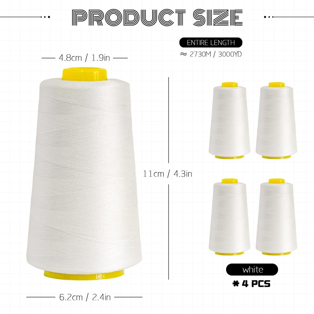All-Purpose Polyester Sewing Thread - 4-Pack 12000 Yards Total - White Thread...
