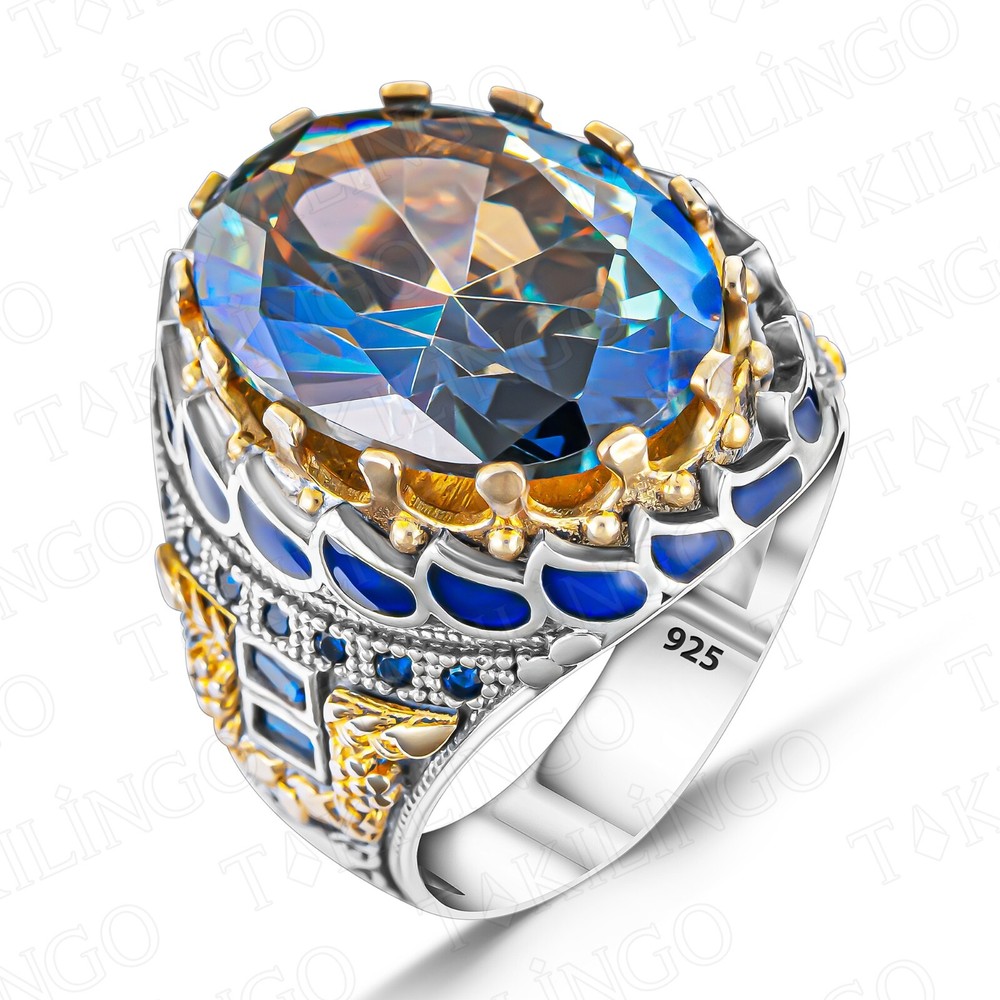 Solid 925 Sterling Silver Oval Shape Blue Topaz Stone Turkish Men's Ring