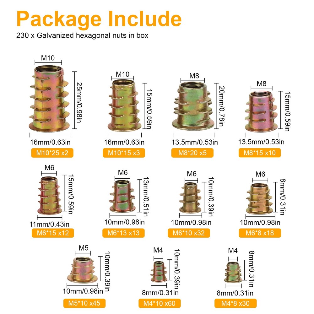 230PCS Threaded Insert Nuts Kit M4 M5 M6 M8 M10 Hex Socket Wood Inserts with Box