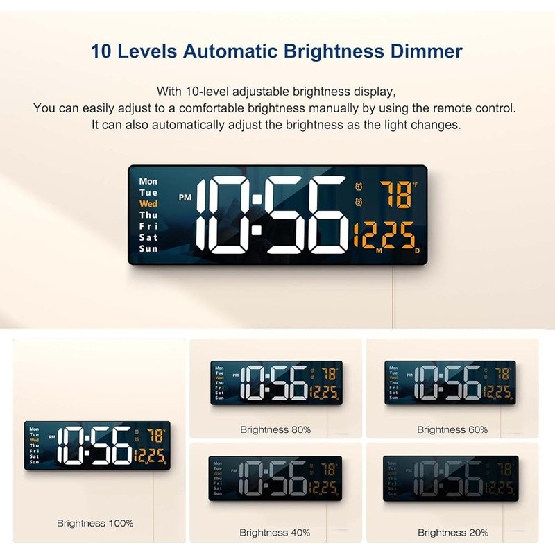 Large Digital Wall Clock Remote Control Brightness Memory Function Alarm Timer