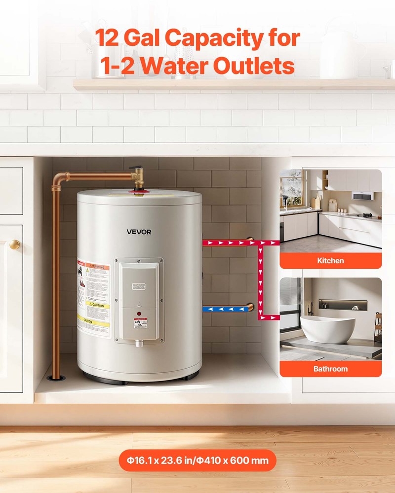 VEVOR 12 Gal Electric Tank Hot Water Heater 1600W 120V Point of Use T&P Valve