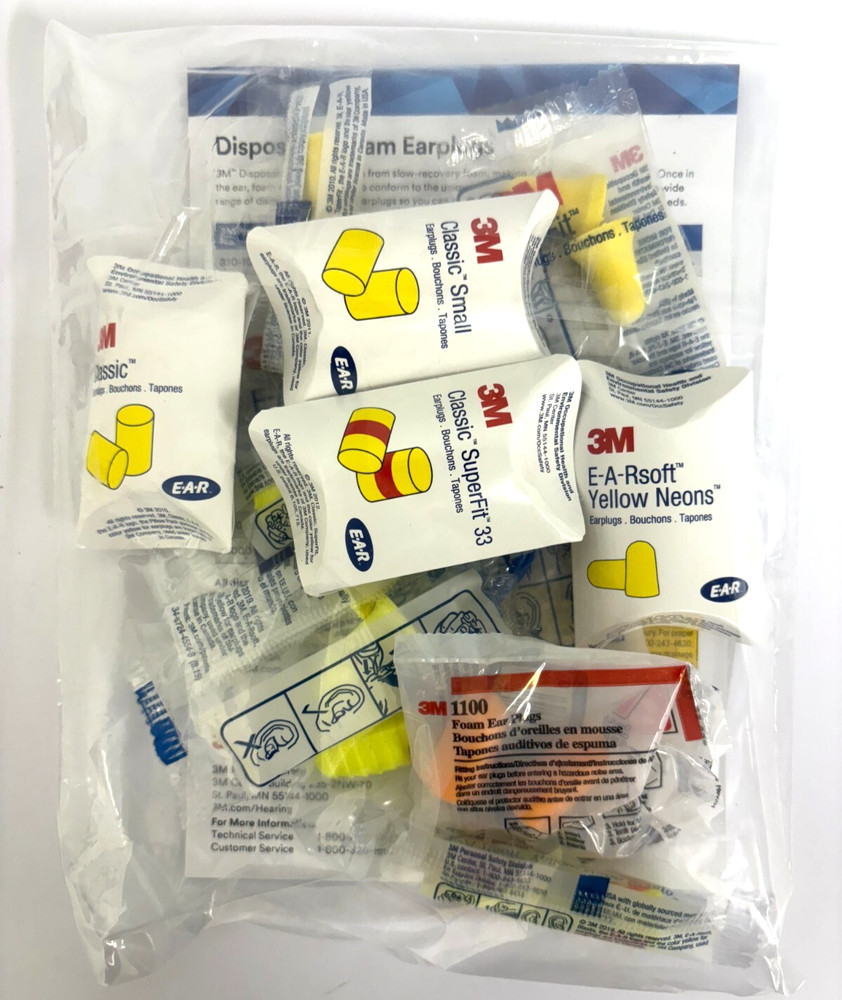 12 PAIR DISPOSABLE EAR PLUG ASSORTMENT PACK 3M - NEW!