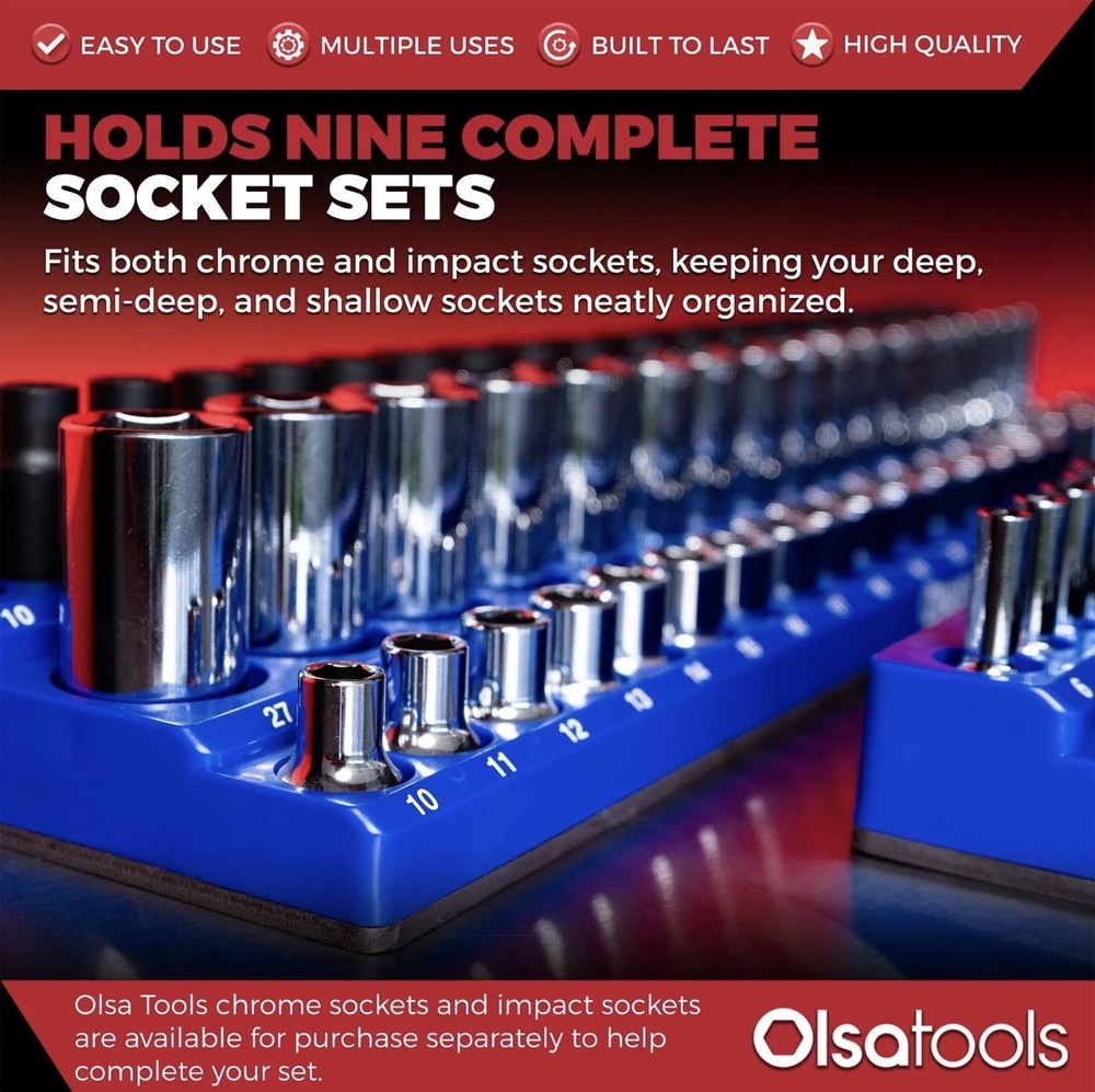 Olsa Tools 3-Row Magnetic Socket Organizer Patented 3pc Holder Kit Blue