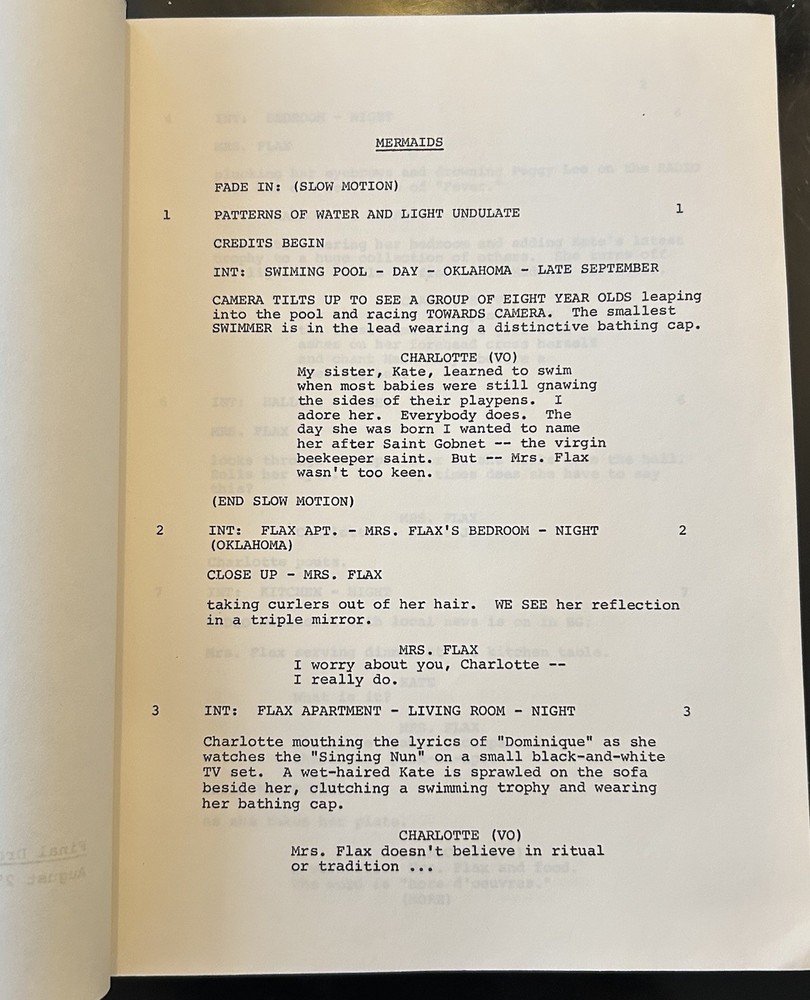 "Mermaids" (Cher) Screenplay Script with Final Edits, Crew Notes