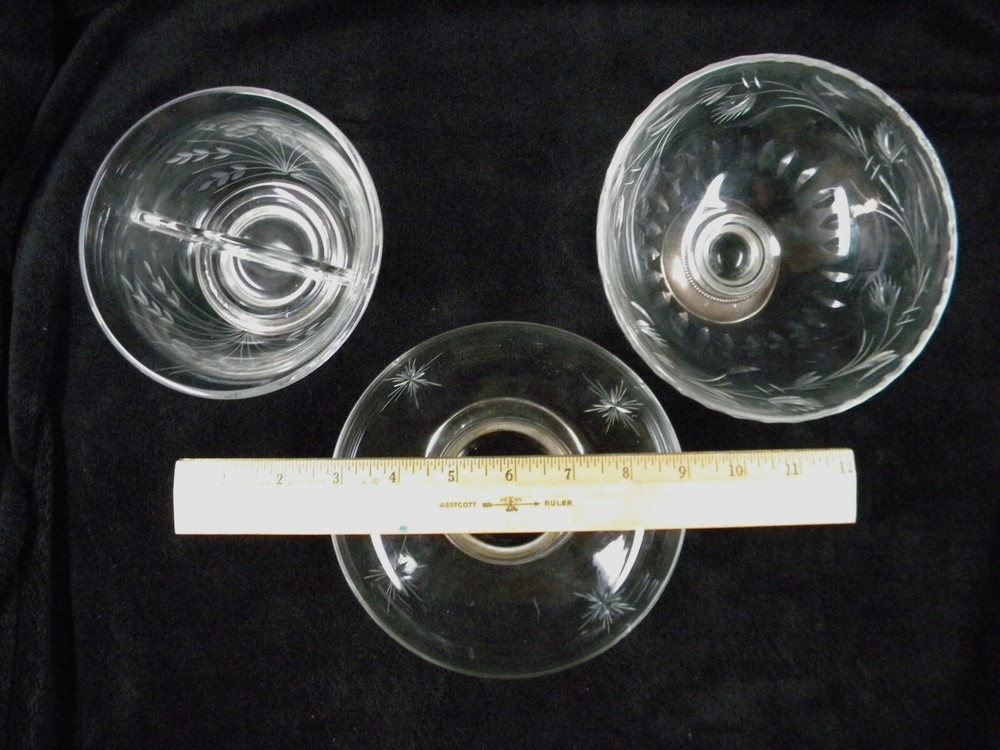 etched glass candy nut dishes with sterling bases