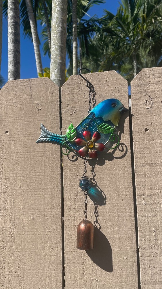 Hanging Blue Bird Sculpture with Bell