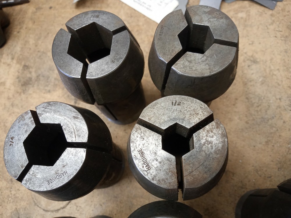 13 Hardinge collets, square, hex with chuck and ect NO THREADS (SEE DESCRIPTION)
